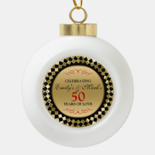 50th Anniversary- Gold Diamonds Red Swirls Ceramic Ball Christmas Ornament