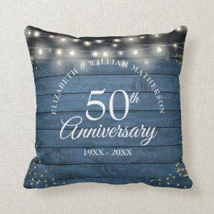 50th Anniversary Gold Dust String Lights Rustic Cushion