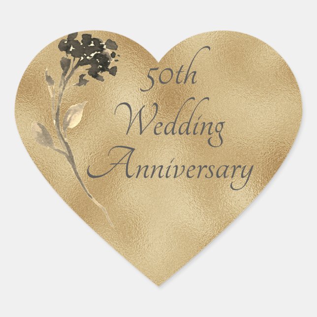 50th Anniversary Gold Floral Elegant Heart Sticker (Front)