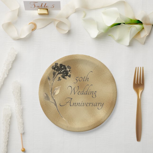 50th Anniversary Gold Floral Elegant Paper Plate (Wedding)