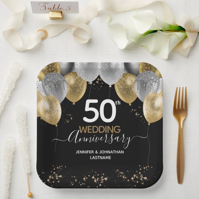 50th Anniversary Gold Glitter Balloons Paper Plate (Wedding)