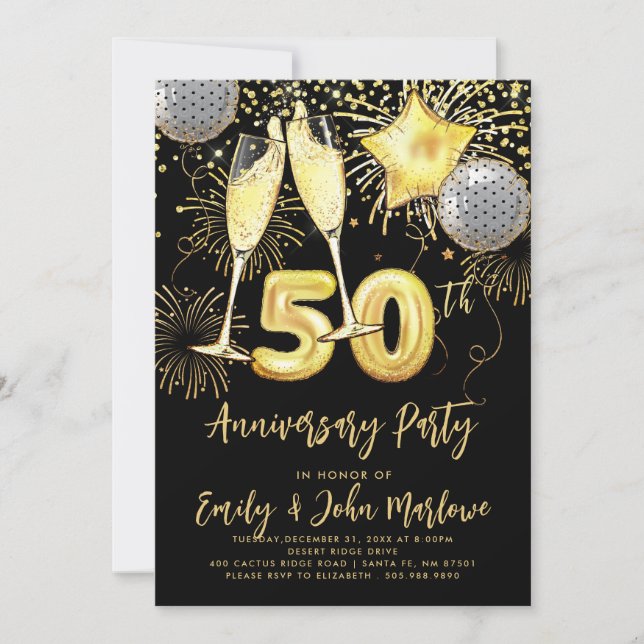 50th Anniversary Gold Glitter Confetti Champagne   Invitation (Front)