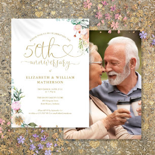 50th Anniversary Gold Heart Floral Photo Invitation