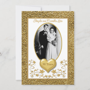 50th Anniversary, Gold Heart Invitation - White