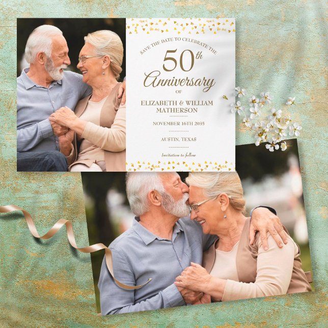 50th Anniversary Gold Hearts 2 Photo Save the Date Announcement (Creator Uploaded)