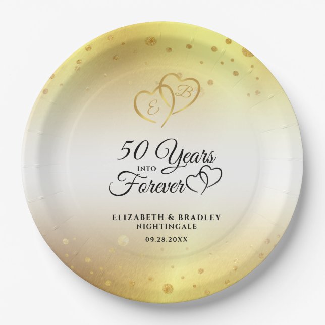 50th Anniversary Gold Hearts 50 YEARS INTO FOREVER Paper Plate (Front)