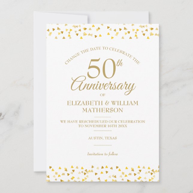 50th Anniversary Gold Hearts Change the Date Invitation (Front)