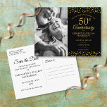 50th Anniversary Gold Hearts Photo Save the Date  Announcement Postcard<br><div class="desc">Featuring delicate gold hearts confetti on a black background. You can personalise with your special photo and fifty years golden anniversary celebration save the date details in elegant modern typography. Designed by Thisisnotme©</div>