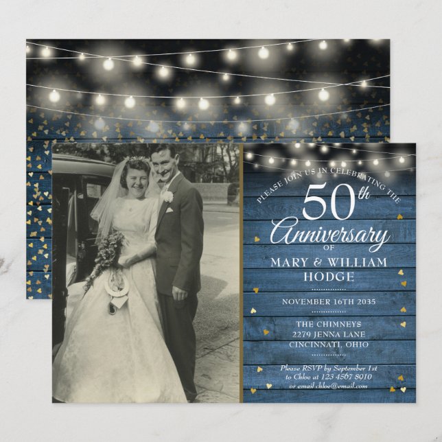 50th Anniversary Gold Hearts Rustic Wedding Photo Invitation (Front/Back)
