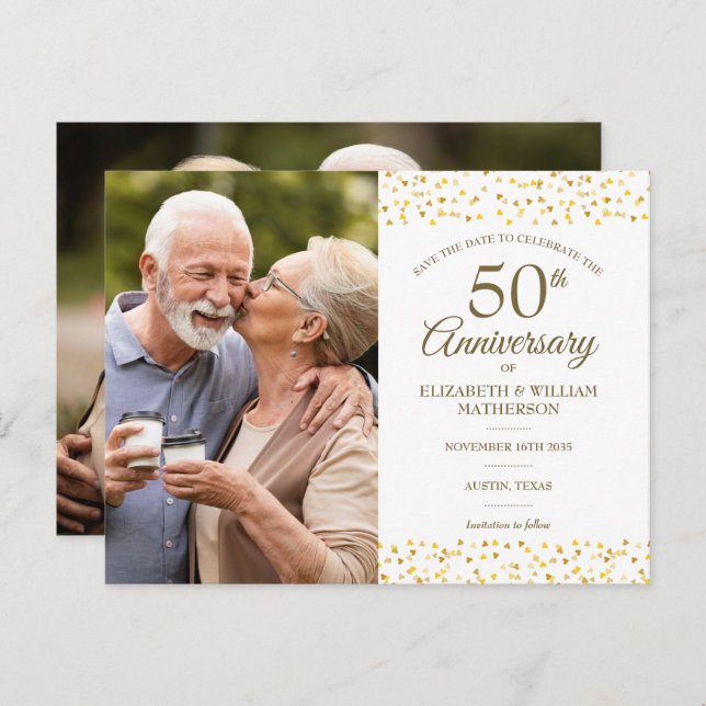 50th Anniversary Gold Hearts Save the Date 2 Photo Announcement Postcard (Front/Back)