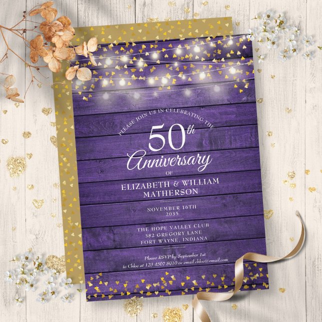 50th Anniversary Gold Hearts String Lights Wood Invitation (50th Anniversary Gold Hearts String Lights Wood Invitation)