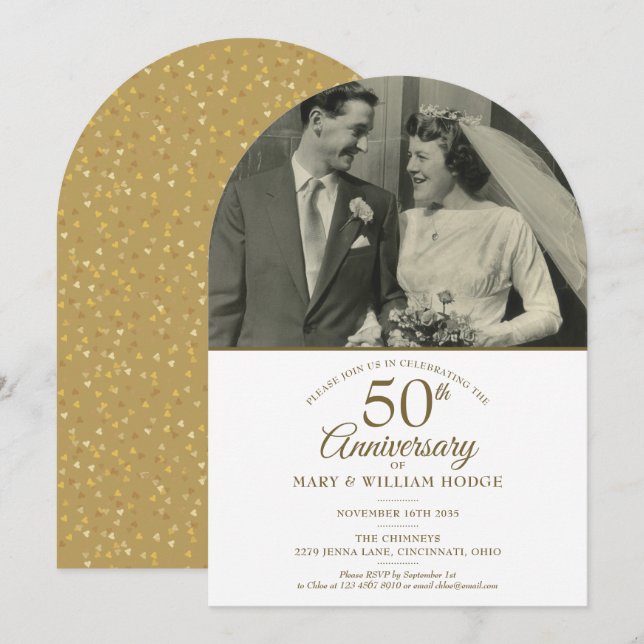 50th Anniversary Gold Hearts Wedding Photo Arch Invitation (Front/Back)