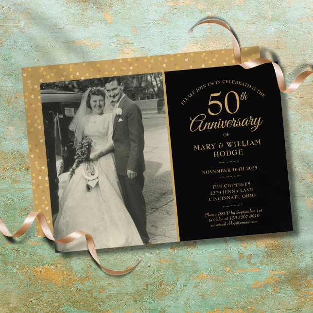 50th Anniversary Gold Hearts Wedding Photo Invitation (Creator Uploaded)