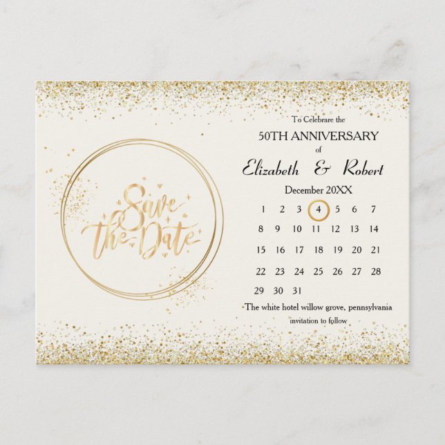 50th Anniversary Gold Wedding The Date Calendar Announcement Postcard (Front)