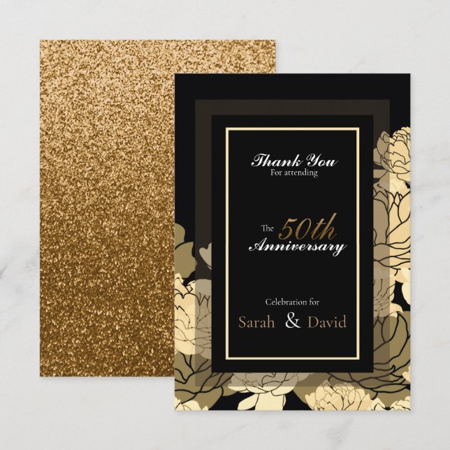 50th anniversary gold, yellow & tan rose thank you card (Front/Back)