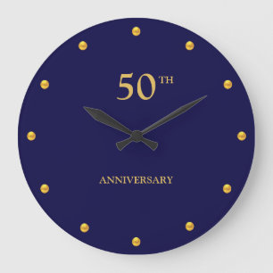50TH Anniversary & Golden Dots on Navy Blue Large Clock