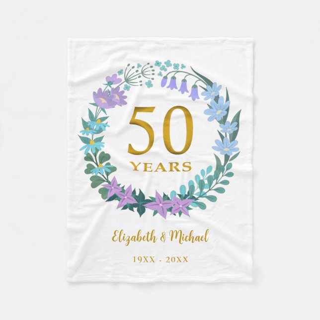 50th Anniversary Golden Floral Bluebells Wreath Fleece Blanket (Front)