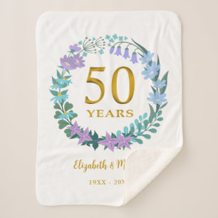 50th Anniversary Golden Floral Bluebells Wreath Sherpa Blanket
