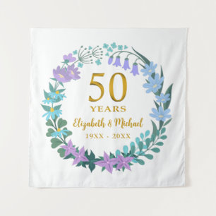 50th Anniversary Golden Floral Bluebells Wreath Tapestry