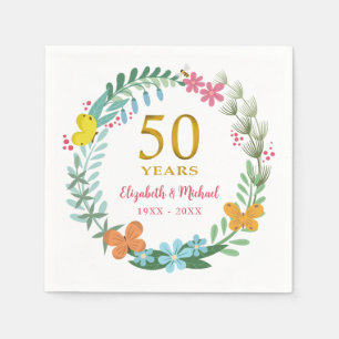 50th Anniversary Golden Floral Butterfly Wreath Napkin