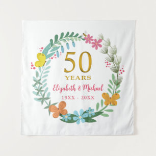 50th Anniversary Golden Floral Butterfly Wreath Tapestry