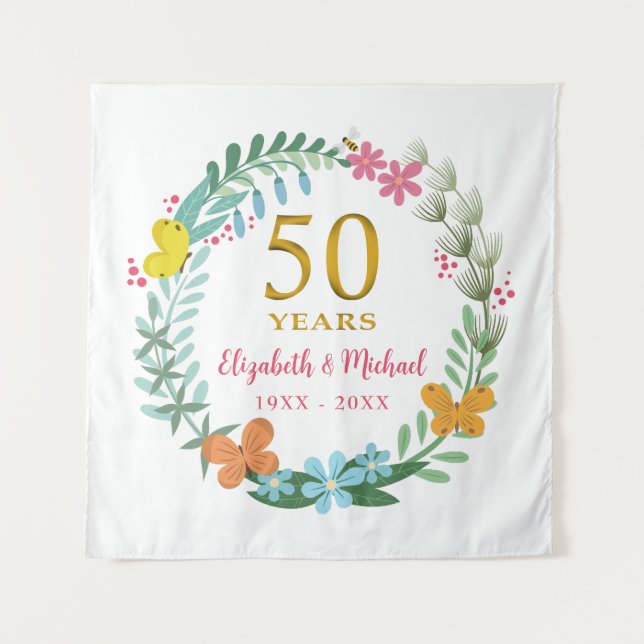 50th Anniversary Golden Floral Butterfly Wreath Tapestry (Front)