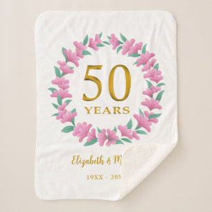 50th Anniversary Golden Floral Pink Wreath Sherpa Blanket