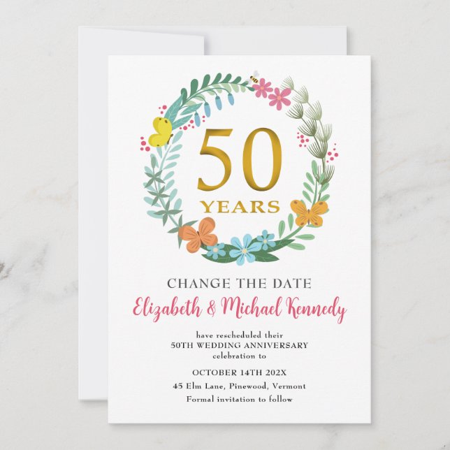 50th Anniversary Golden Floral Wreath Change Date Invitation (Front)