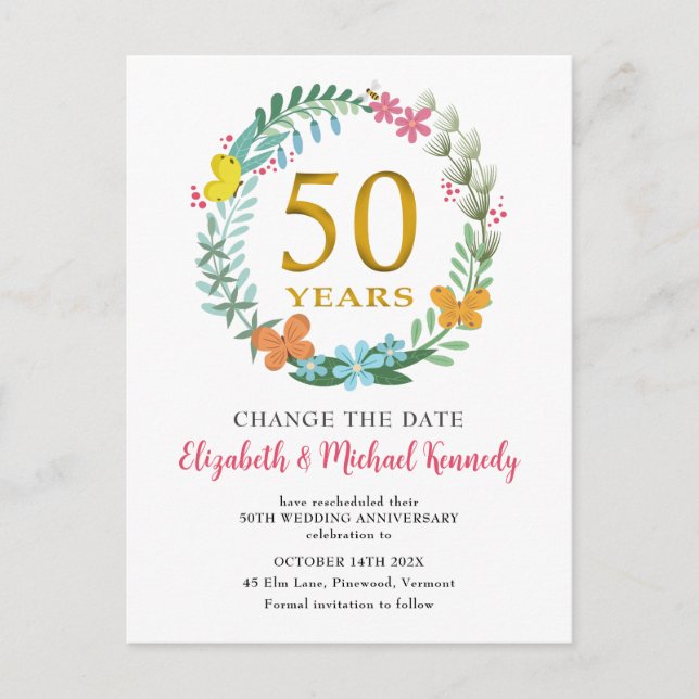 50th Anniversary Golden Floral Wreath Change Date Postcard (Front)
