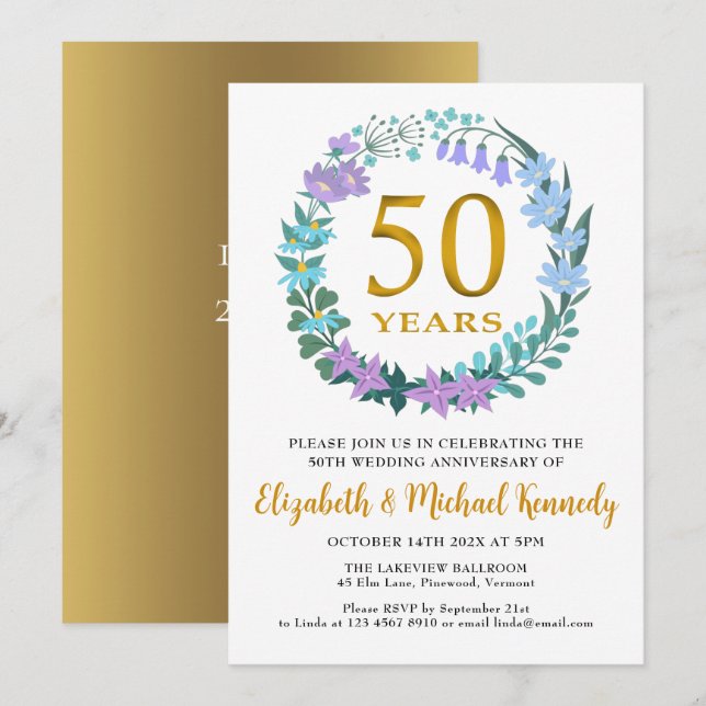 50th Anniversary Golden Floral Wreath Invitation (Front/Back)