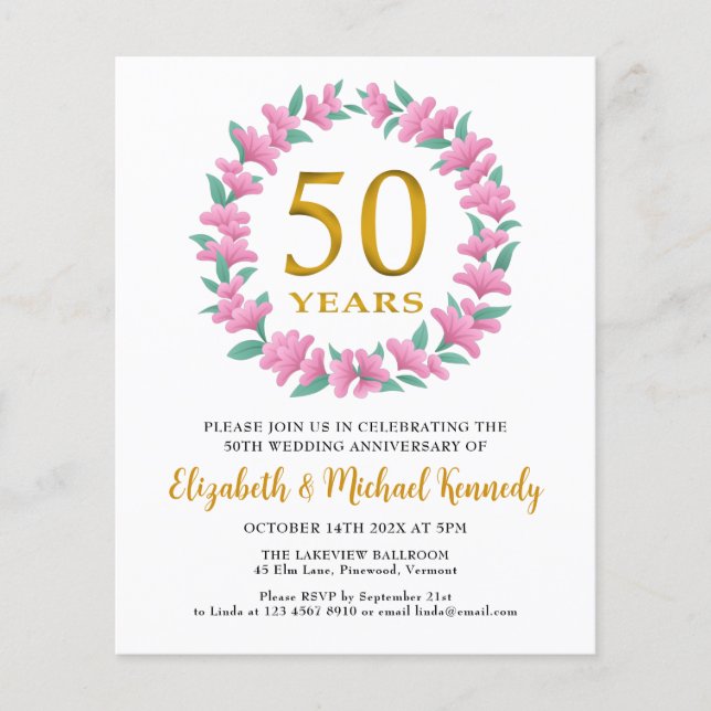 50th Anniversary Golden Floral Wreath Invitation (Front)