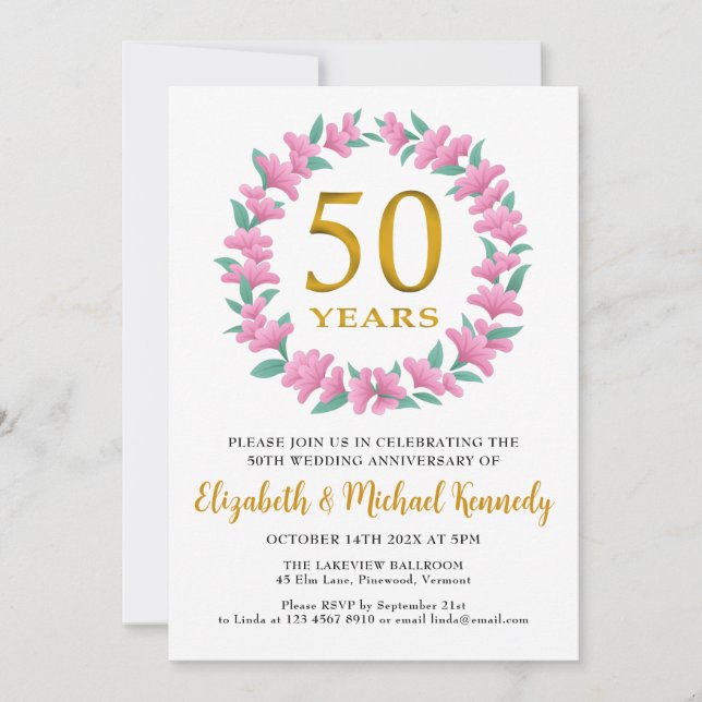 50th Anniversary Golden Floral Wreath Invitation (Front)