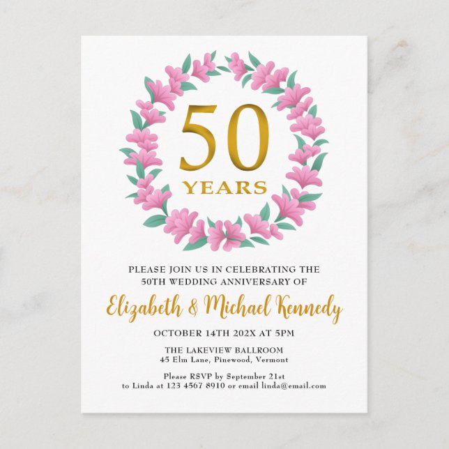 50th Anniversary Golden Floral Wreath Invitation Postcard (Front)