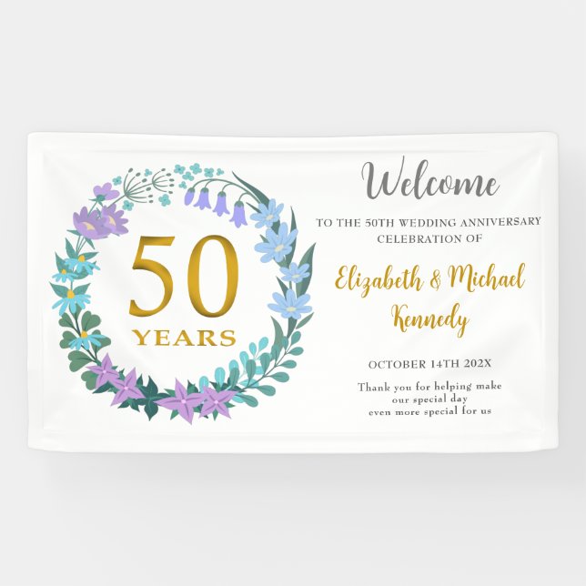 50th Anniversary Golden Floral Wreath Wedding Banner (Horizontal)