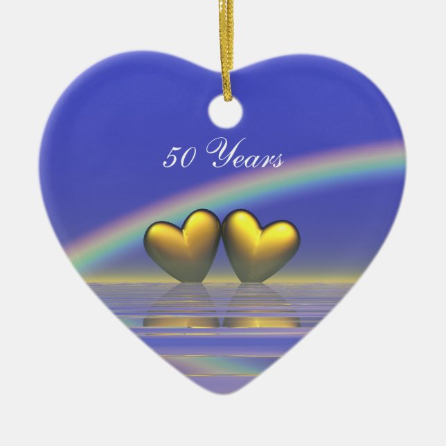 50th Anniversary Golden Hearts Ceramic Tree Decoration (Front)