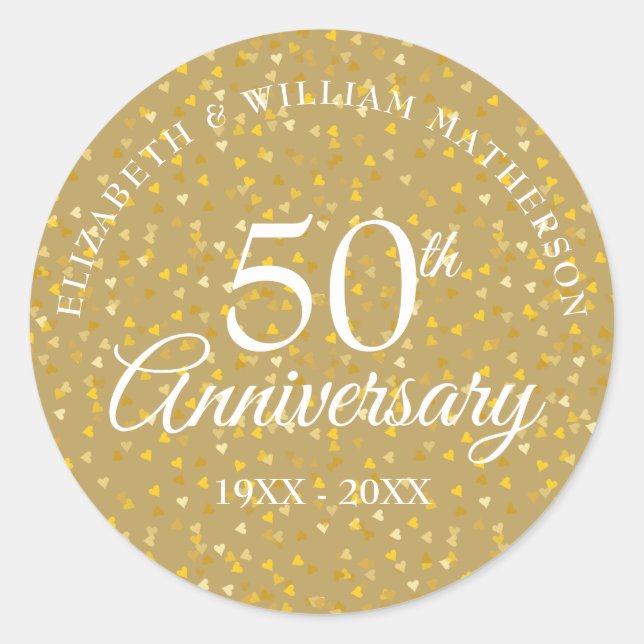 50th Anniversary Golden Hearts Classic Round Sticker (Front)