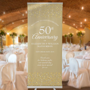 50th Anniversary Golden Hearts Confetti Welcome Retractable Banner