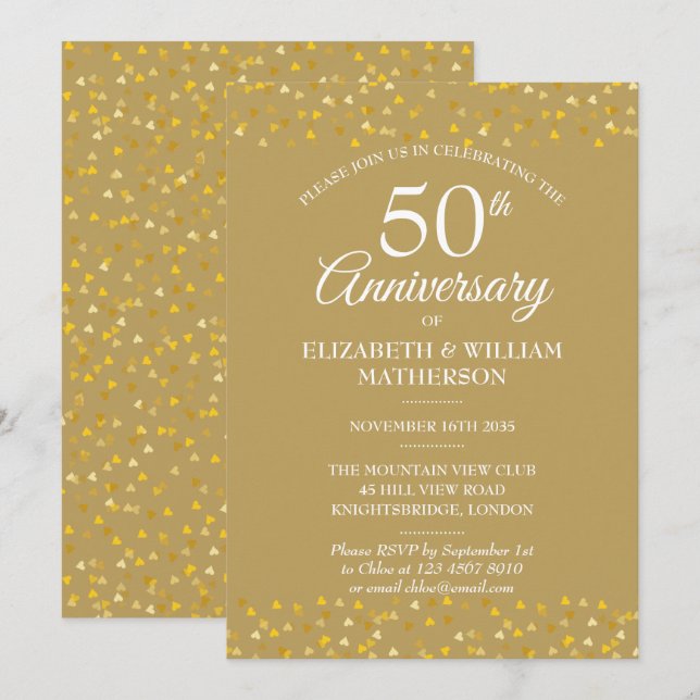 50th Anniversary Golden Hearts Invitation (Front/Back)