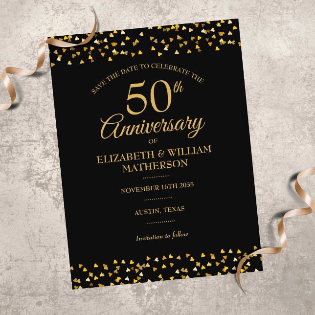 50th Anniversary Golden Love Hearts Save the Date  Postcard (Creator Uploaded)