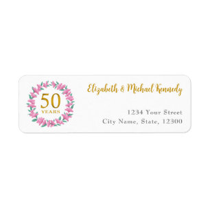 50th Anniversary Golden Pink Floral Address Labels
