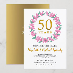 50th Anniversary Golden Pink Floral Change Date Invitation