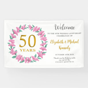 50th Anniversary Golden Pink Floral Wreath Wedding Banner
