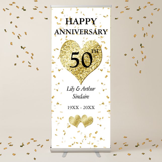 50th Anniversary Golden Wedding Reception Banner (50th Golden Wedding Anniversary, Names, Bright, Retractable Banner)