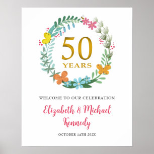 50th Anniversary Golden Welcome Floral Wreath Sign