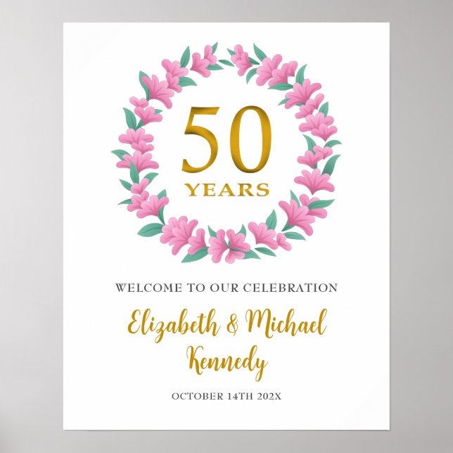 50th Anniversary Golden Welcome Pink Floral Wreath Poster (Front)