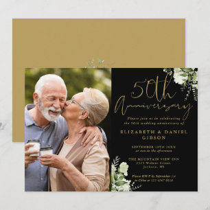 50th Anniversary Greenery Black And Gold Photo Invitation
