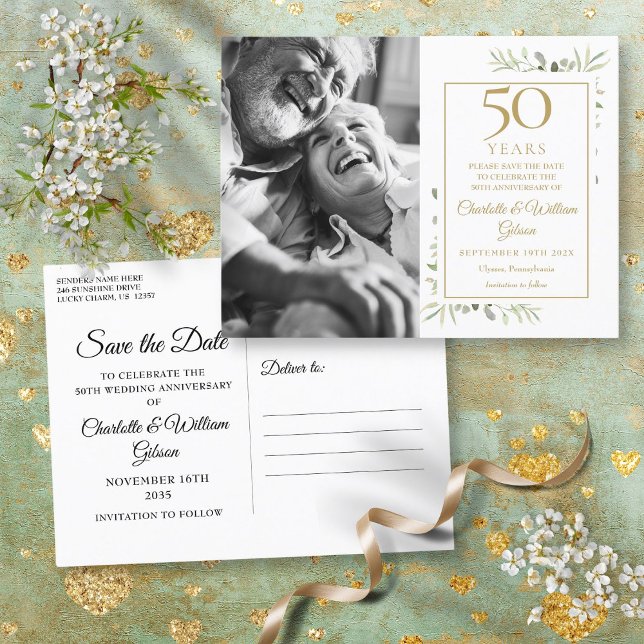 50th Anniversary Greenery Photo Save The Date Announcement Postcard (50th Anniversary Greenery Photo Save The Date Announcement Postcard)