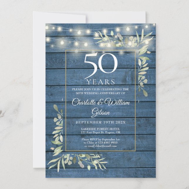 50th Anniversary Greenery String Lights Blue Wood  Invitation (Front)