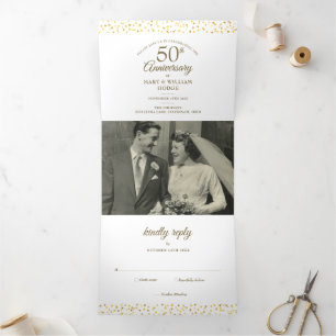 50th Anniversary Heart Confetti Wedding Photo Tri-Fold Invitation