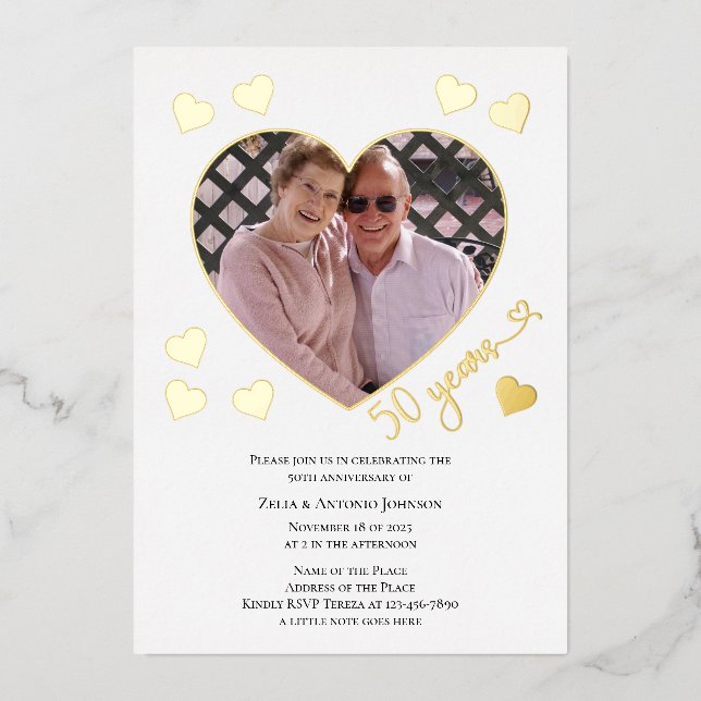 50th Anniversary Heart Photo Frame Foil Invitation (Front)